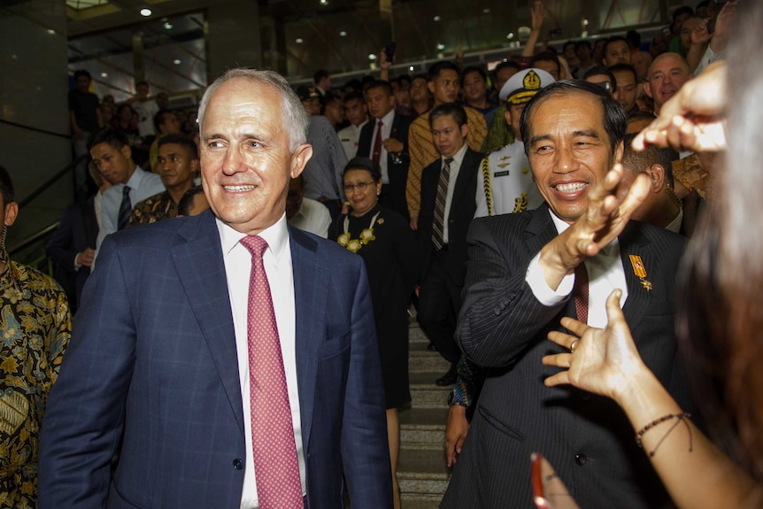 Prime Minister Malcolm Turnbull and President of Indonesia Joko Widodo make a visit to Tanah Abrang market in Jakarta, Thursday Nov 12, 2015.