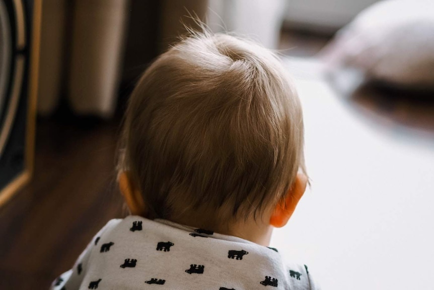A baby faces away from the camera showing only the back of his head.
