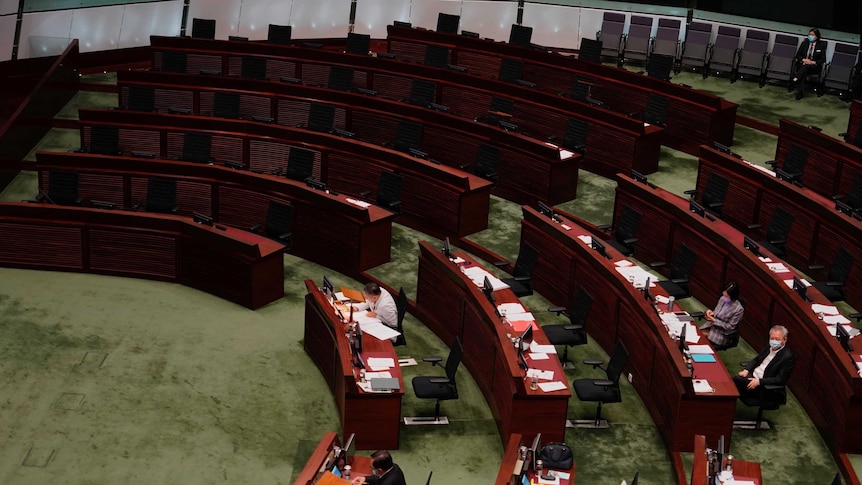 Empty seats of pro-democracy legislators are seen in Hong Kong's Legislative Chamber