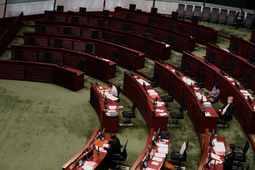 Empty seats of pro-democracy legislators are seen in Hong Kong's Legislative Chamber