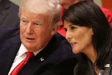 Donald Tump and Nikki Haley lean together to talk behind a desk at the UN.