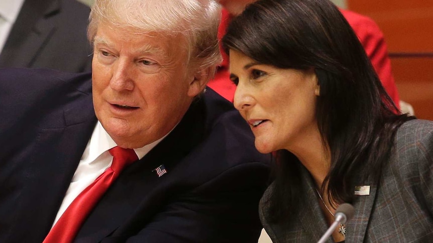 Donald Tump and Nikki Haley lean together to talk behind a desk at the UN.