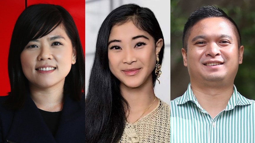 A composite image of three young Asian-Australians