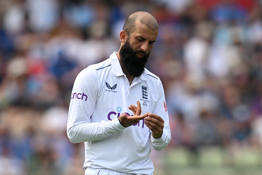 Moeen Ali looks at his hand