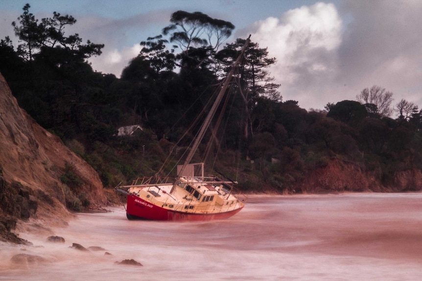 A yacht sits high and dry at Daveys Bay after being blown onto the beach during wild weather.