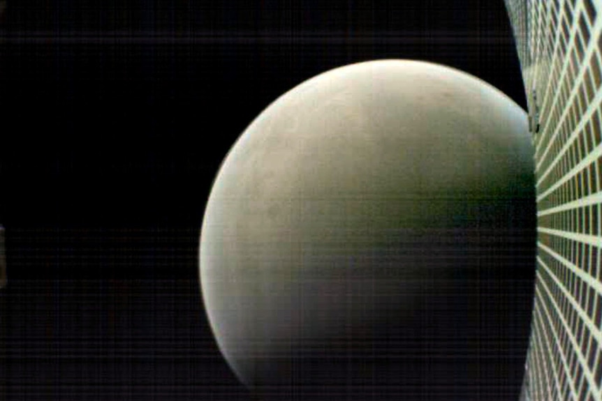 Mars is seen in the right hand corner of image against black space backdrop with Marco B cubesat satellite in view.