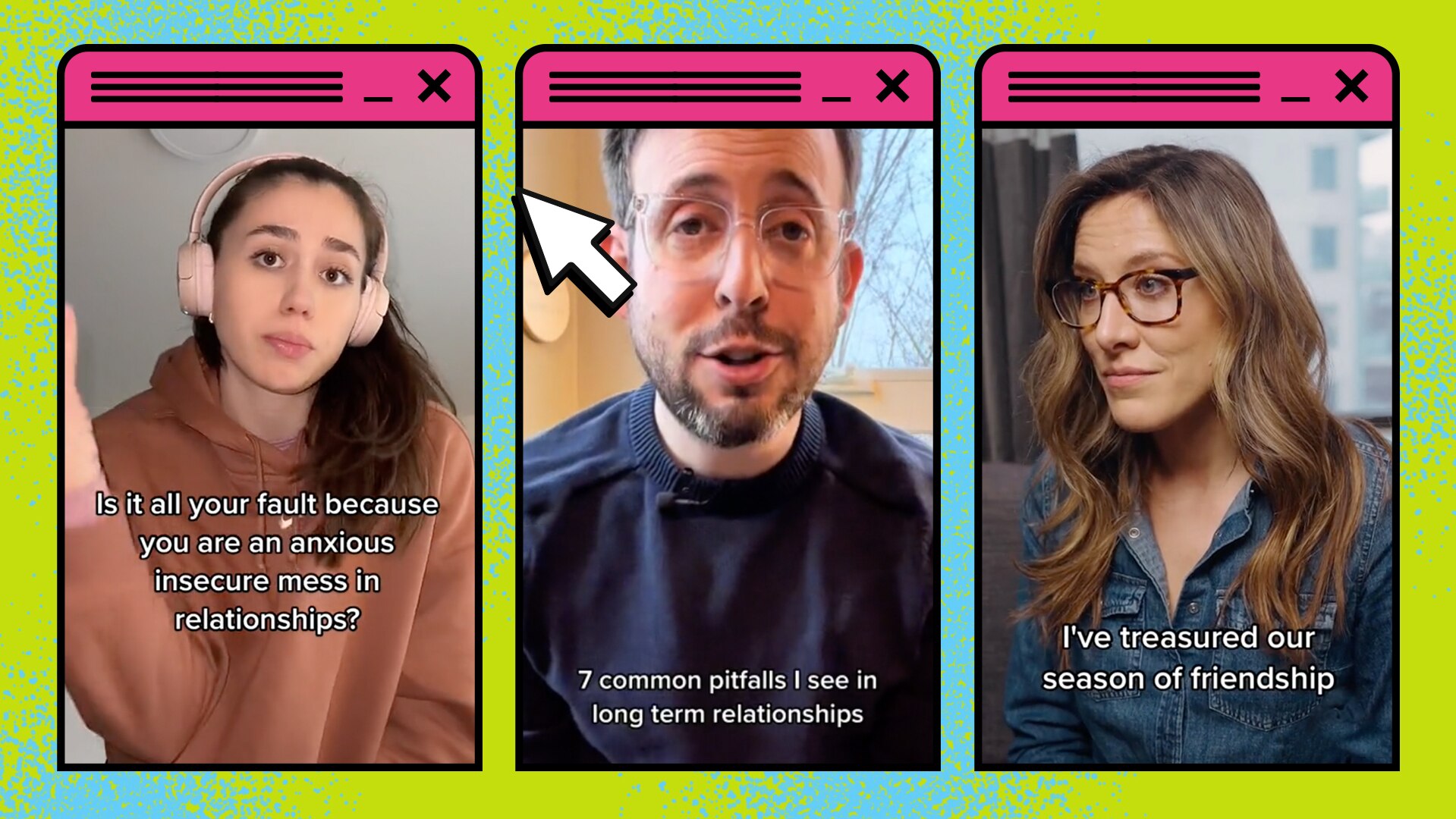 Stills from three 'therapy speak' TikToks, with quotes about common relationship pitfalls and friendship breakups.