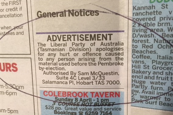 Image of newspaper advertisement of Tasmanian Liberal party apology over campaign tactics during Pembroke by-election.