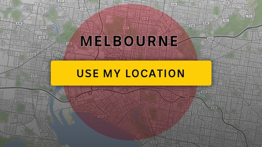 A map shows Melbourne with a 10km radius circle superimposed over it, and a button reading "Use my location"