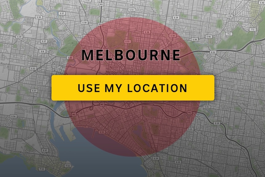 A map shows Melbourne with a 5km radius circle superimposed over it, and a button reading "Use my location"