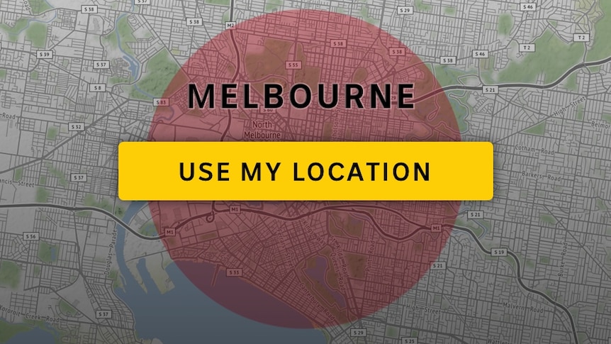 A map shows Melbourne with a 5km radius circle superimposed over it, and a button reading "Use my location"