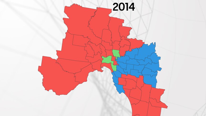 A map displays the metropolitan electorates held by the Labor, Liberal and Greens parties after the 2014 election.