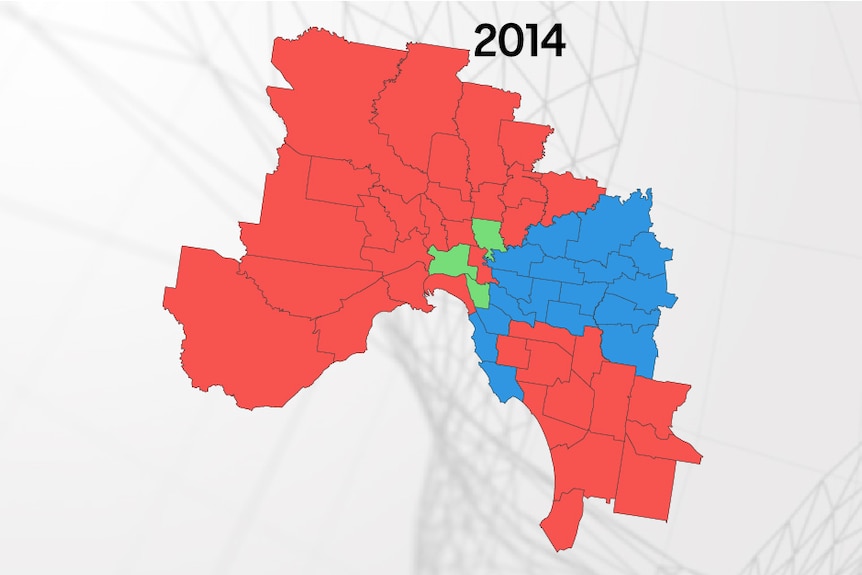 A map displays the metropolitan electorates held by the Labor, Liberal and Greens parties after the 2014 election.