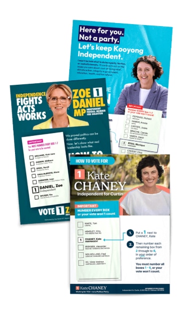A mosaic of three Teals how to vote cards