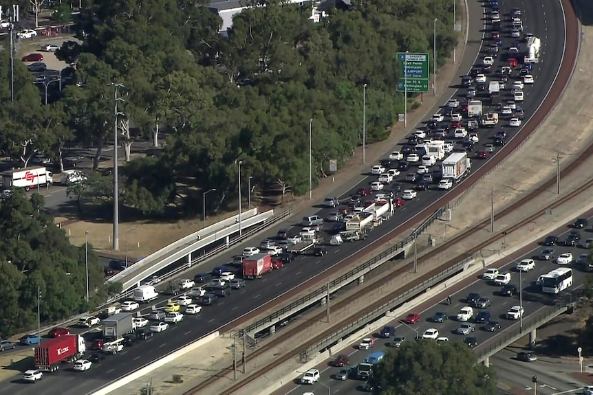 An aerial shot of a traffic jam on the Mitchell Freeway in Leederville.