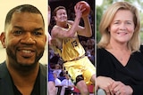 A composite image of a headshot of Ricky Grace, Luc Longley playing basketball and a headshot of Nicola Forrest.