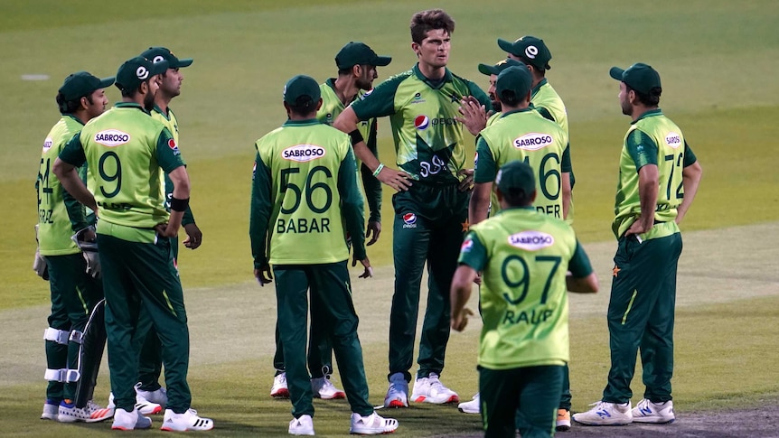 A group of Pakistan cricketers stand around after a wicket was taken against England.