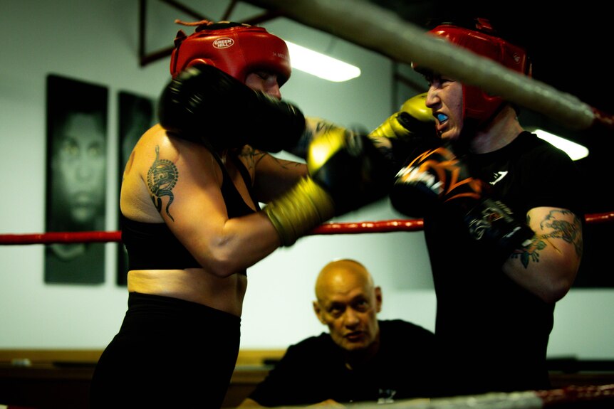 Two boxzers in the ring, both wearing head protectors, sparring, throwing punches