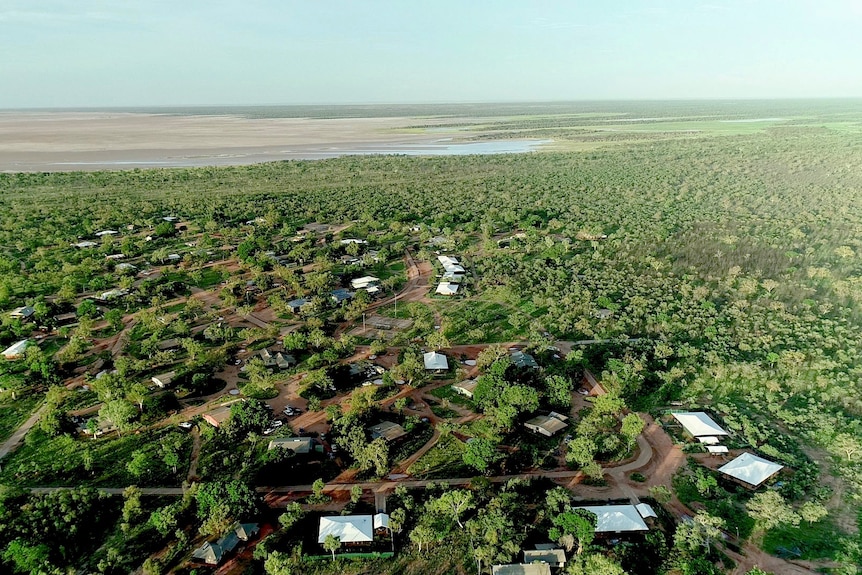 Aerial photograph of private houses scattered in the thickets near the tidal flats 