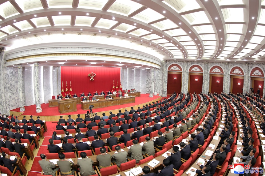The crowd pictured applauding Kim Jong-Un during the Plenary Meeting of the Workers' Party of Korea. 