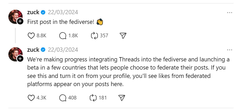 A Threads post from Mark Zuckerberg, user name Zuck, writing “First post in the fediverse” with a waving hand emoji
