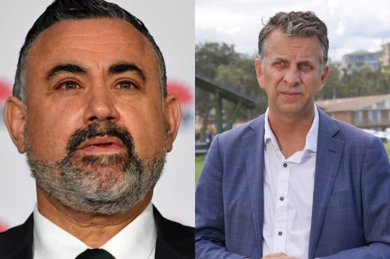 a collage of john barilaro and andrew constance side-by-side, both wearing suits