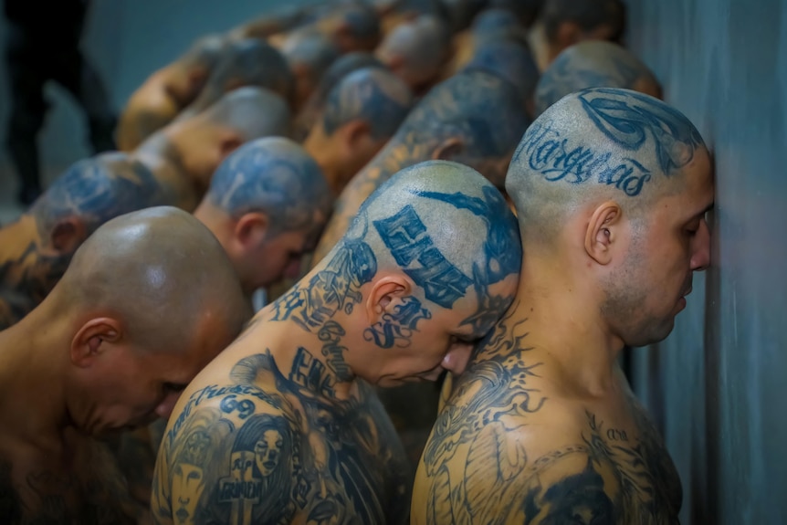 Heavily tattooed men standing closing together with heads on each other's backs against a wall