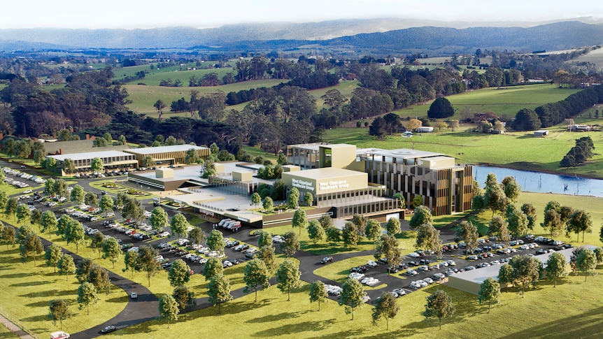 An artist's impression of a hospital nestled in green space.