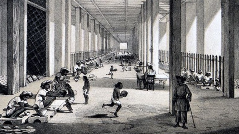 A B&W lithograph of a huge room with workers gatherin opium balls