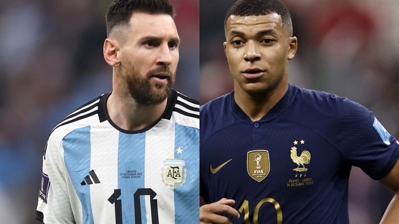 A composite image of Lionel Messi and Kylian Mbappe running
