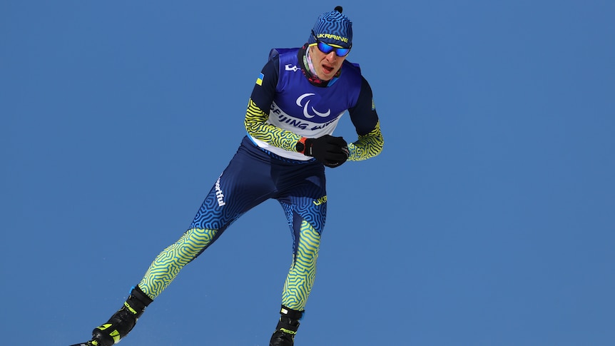 A Ukrainian Paralympic athlete competing in the sprint standing Para biathlon event at the Beijing Games.