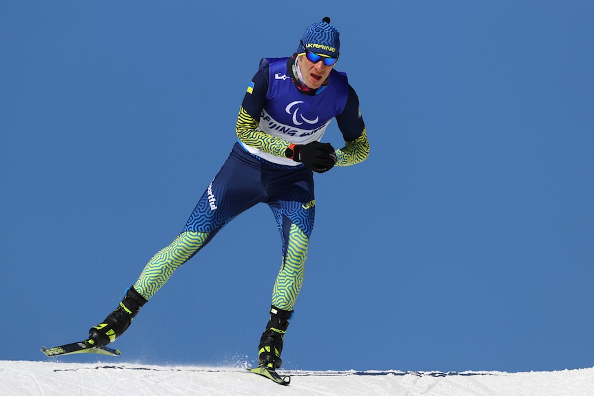 A Ukrainian Paralympic athlete competing in the sprint standing Para biathlon event at the Beijing Games.