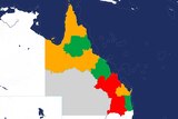 A map of Queensland shows the stages regions are at in passing the peak of Omicron.