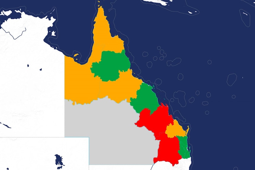 A map of Queensland shows the stages regions are at in passing the peak of Omicron.