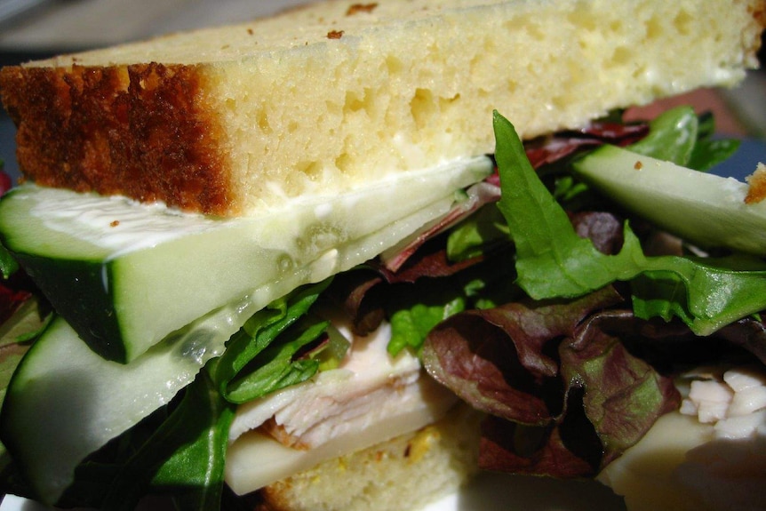 A sandwich made using gluten-free bread.