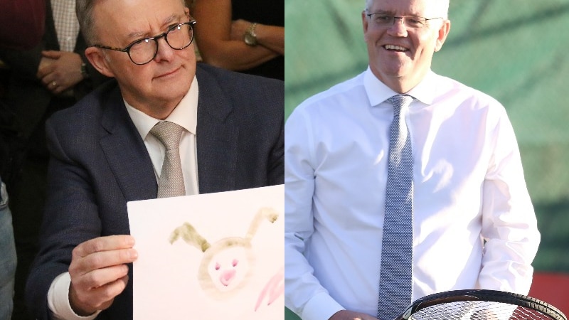 A composite image of Anthony Albanese with a kids painting and Scott Morrison with a tennis racket