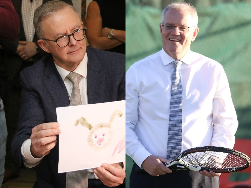 A composite image of Anthony Albanese with a kids painting and Scott Morrison with a tennis racket