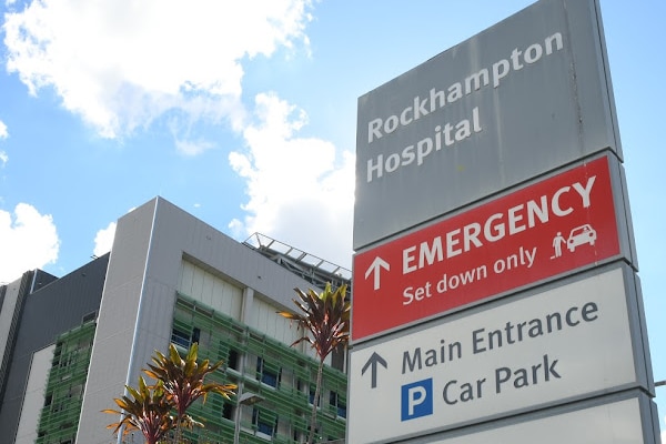 A sign for rockhampton hospital's entrance.