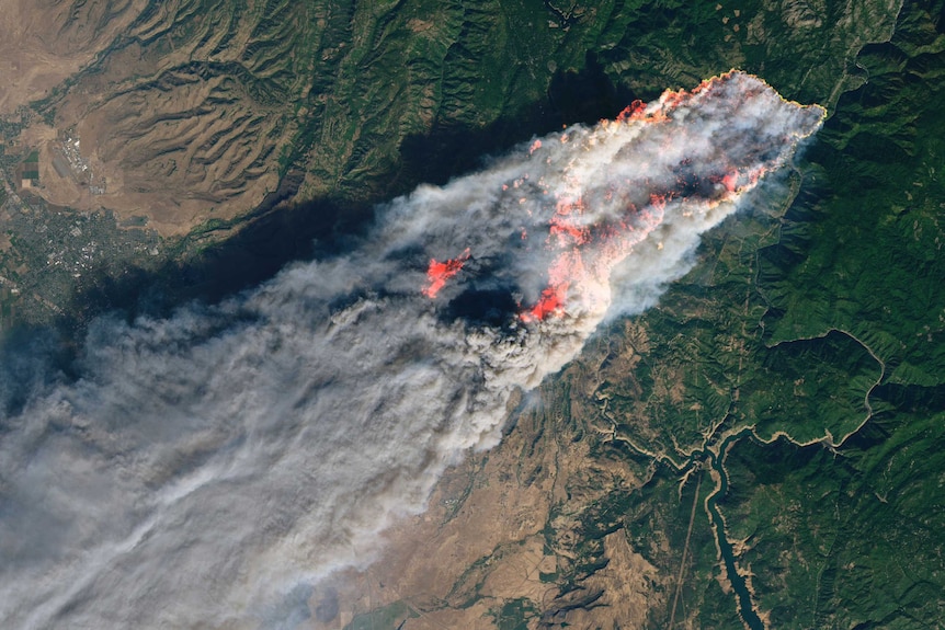 Satellite image of a section of California, showing red fire and smoke streaming across a strip of green foothills.