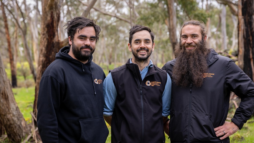 Three young Indigenous men pose for a photo in the bush.