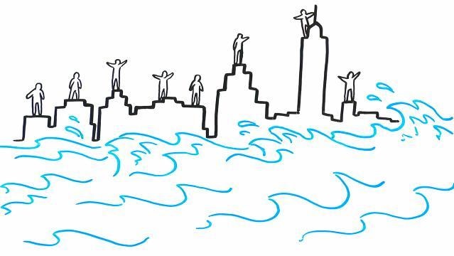 Drawing of people standing on city buildings, flood waves lap below