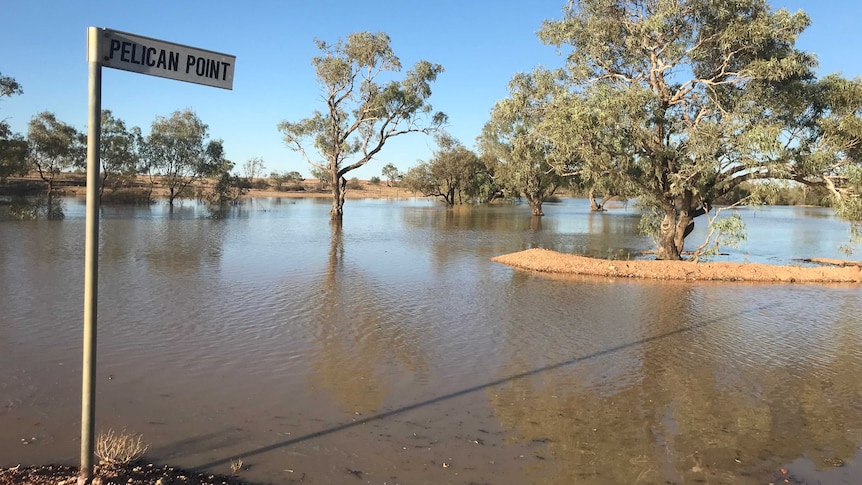 A road sign amidst flooding in Birdsville.