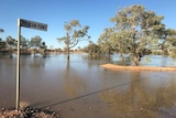 A road sign amidst flooding in Birdsville.