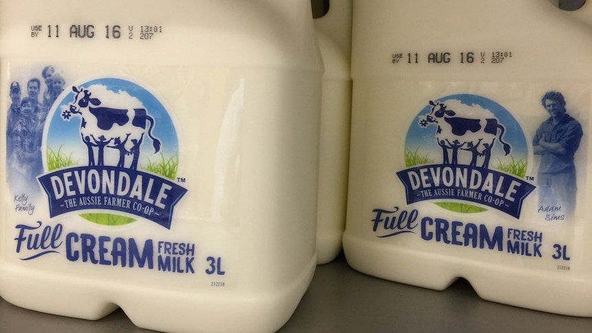 big bottles of milk sit on a refrigerated supermarket shelf