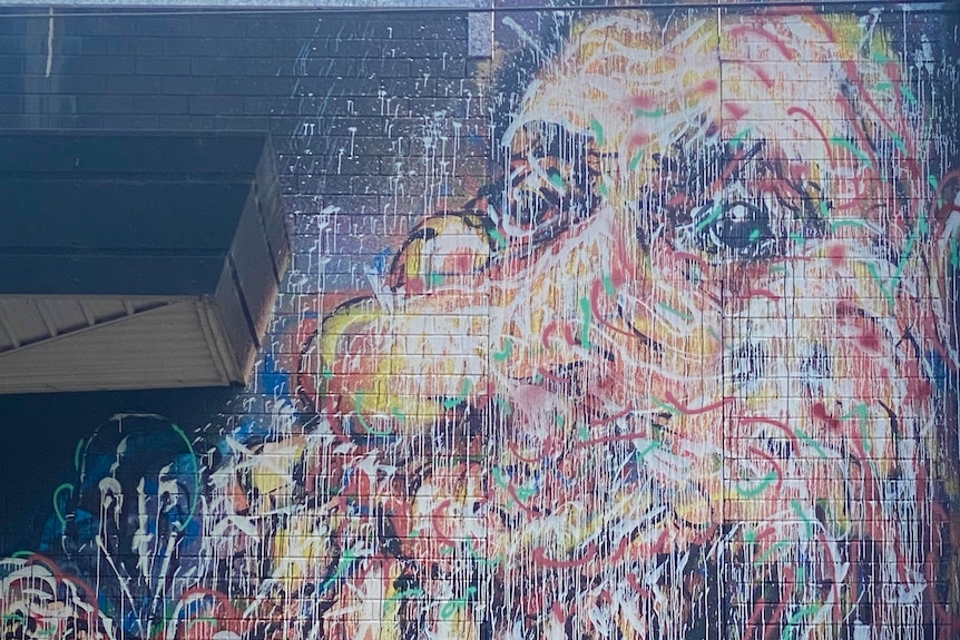 A mural showing distorted faces covers the exterior second storey facade of businesses.
