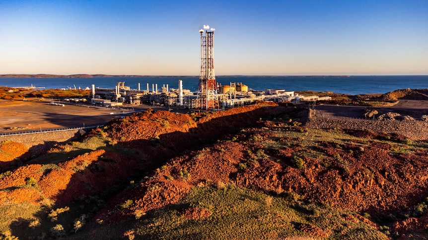 An aerial picture of Woodside's plant on the coastline.