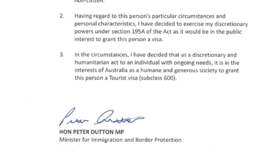 Excerpt from Immigration document in which Peter Dutton intervenes to grant detained French au pair Alexandra Deuwel a visa