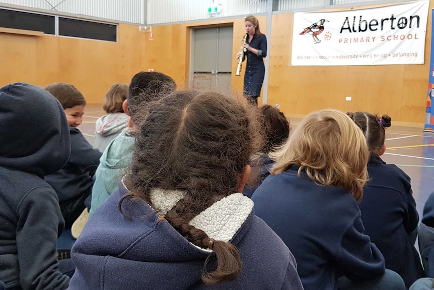 Amy Dickson performs the saxophone at Alberton Primary School.