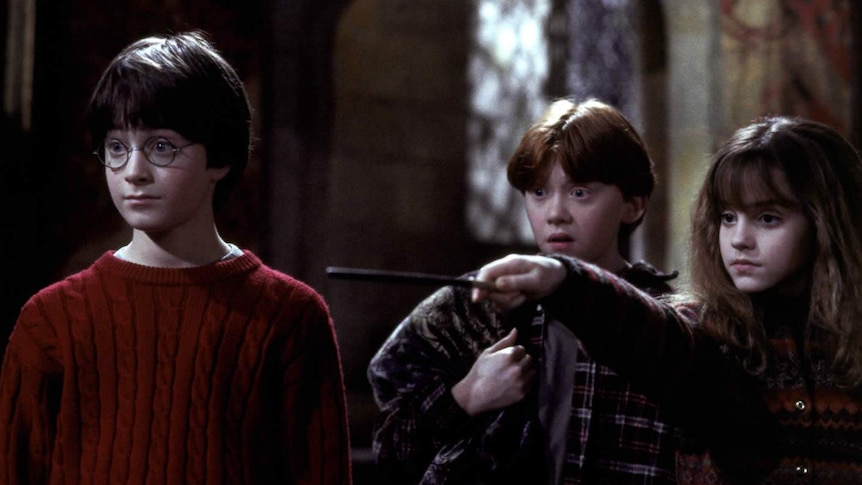 Harry, Ron and Hermione in the Philosopher's Stone.