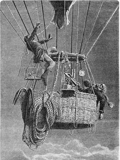An illustration of two scientists in a hot air balloon in the late 1800s